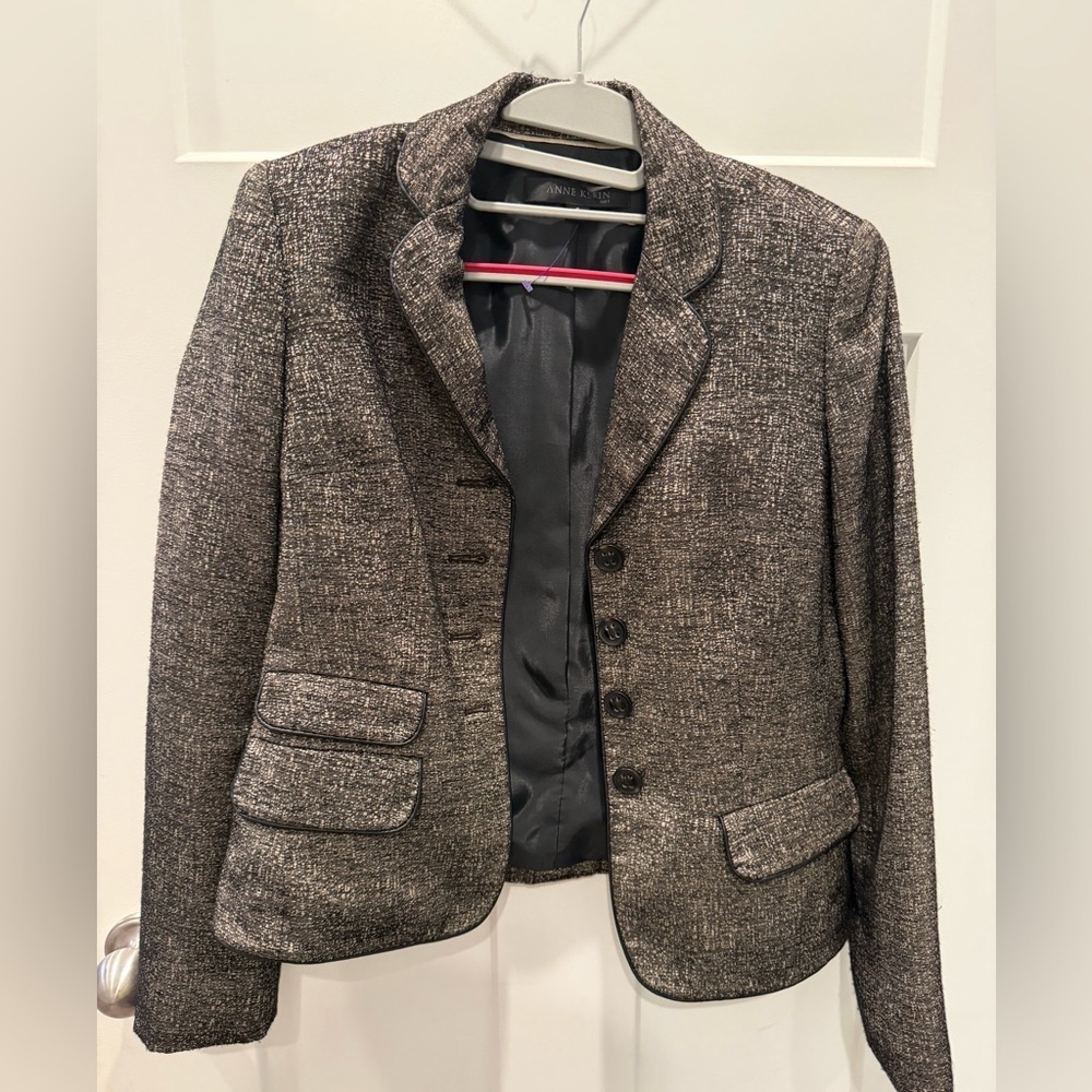 Anne Klein Textured Tweed Blazer Jacket Women’s 6 Black Gray Piped Trim Workwear